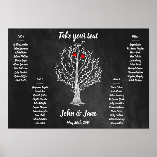 Seating Chart Poster - Baum und rote Herzen Design (Vorne)