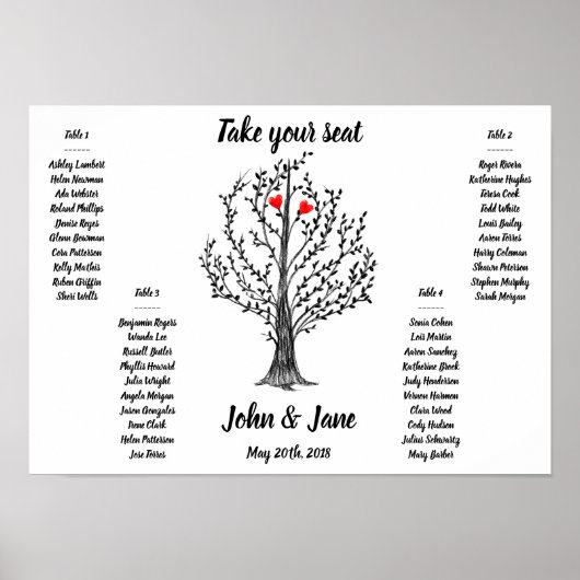 Seating Chart Poster - Baum und rote Herzen Design (Vorne)