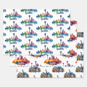 Seattle City Aquarell-Skyline Geschenkpapier Set