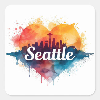 Seattle City watercolor Skyline Quadratischer Aufkleber