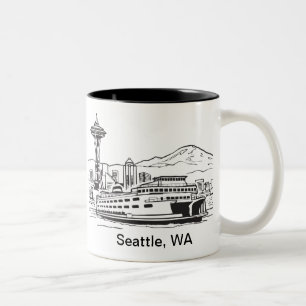 Seattle-Fähre & Skyline Line Art Washington State Zweifarbige Tasse