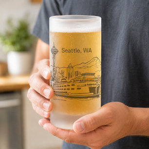 Seattle-Fähre und Skyline Line Art Washington Stat Mattglas Bierglas