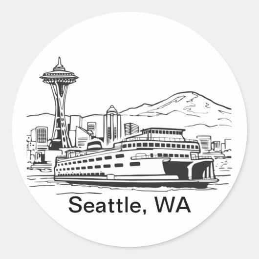 Seattle Ferry & Skyline Line Art Washington Staat Runder Aufkleber (Vorderseite)