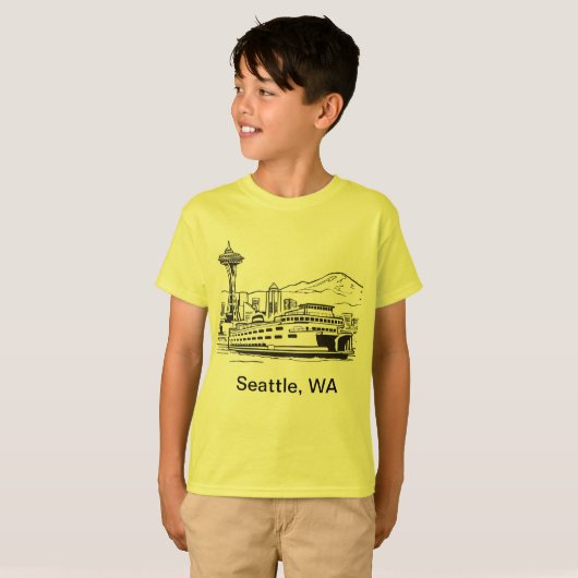 Seattle Ferry & Skyline Line Art Washington Staat T-Shirt (Vorne ganz)