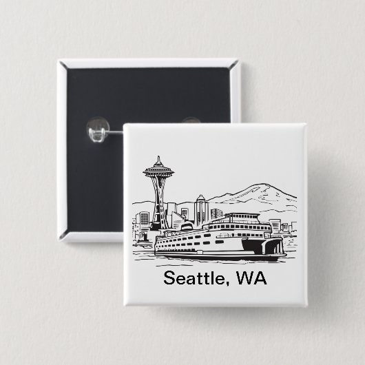 Seattle Ferry & Skyline Washington Staat Line Art Button (Vorne & Hinten)