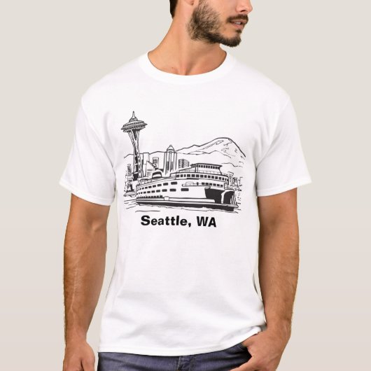 Seattle Ferry & Skyline Washington Staat Line Art T-Shirt (Vorderseite)