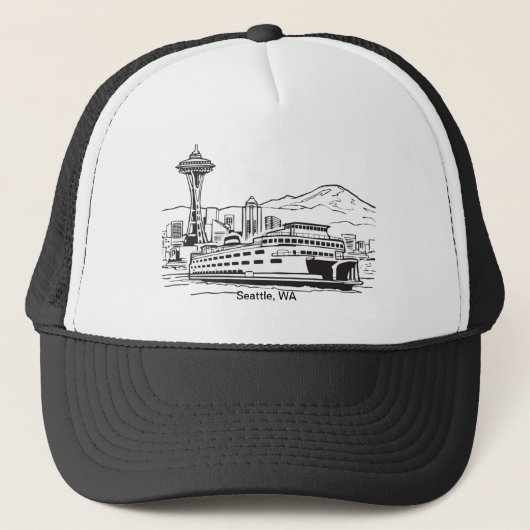 Seattle Ferry & Skyline Washington Staat Line Art Truckerkappe (Vorderseite)