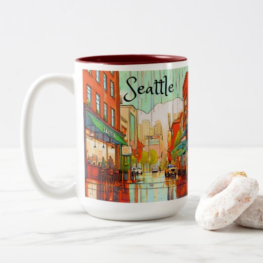 Seattle im Regen Zweifarbige Tasse (Mit Donut)