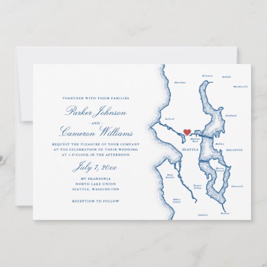 Seattle Lake Washington Map Elegant Navy Wedding Einladung (Vorderseite)