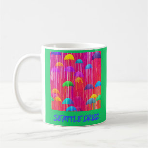 Seattle Nieselregen Farbige Regenschirme und Regen Kaffeetasse