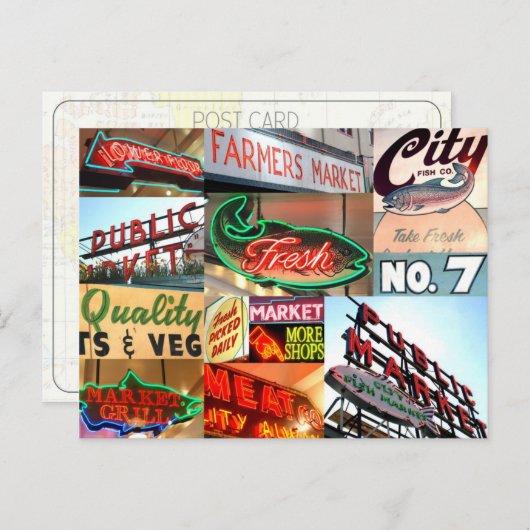 Seattle Public Market Typografy Postcard Postkarte (Vorne/Hinten)