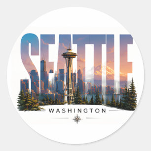 ☕ Seattle-Reise Skyline Bergansichten ☕ Runder Aufkleber