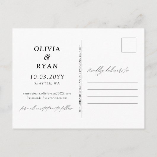 Seattle Save the Date Postcard Elegante Hochzeit Postkarte (Rückseite)