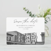 Seattle Save the Date Public Market Black & White Einladung (Stehend Vorderseite)