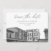 Seattle Save the Date Public Market Black & White Einladung (Vorderseite)