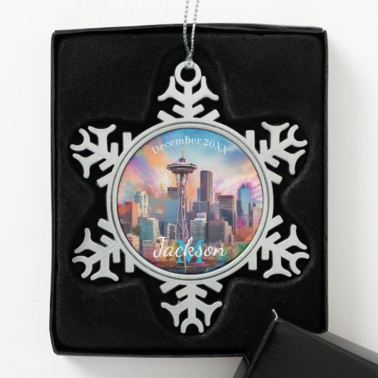 Seattle Skyline Abstrakt Art Schneeflocken Zinn-Ornament (Box)