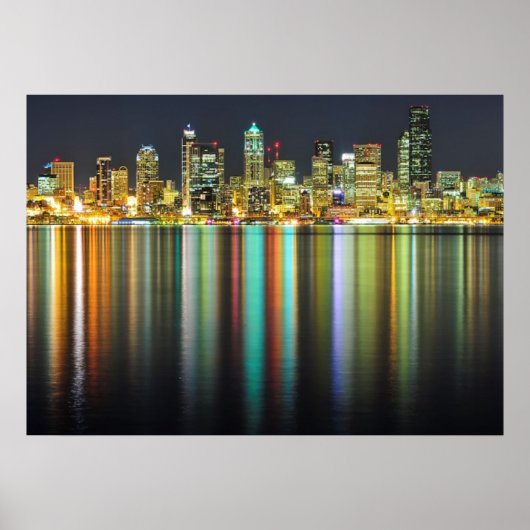 Seattle skyline at night with reflection poster (Vorne)