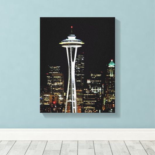 Seattle skyline at night, with space Needle. Leinwanddruck (Insitu (Holzboden))