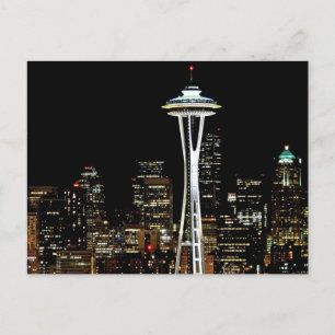 Seattle skyline at night, with space Needle. Postkarte