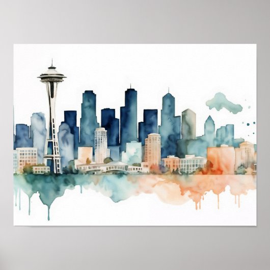Seattle-Skyline in Wasserfarben Poster (Vorne)