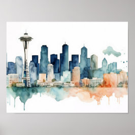 Seattle Skyline in Watercolor hues Poster