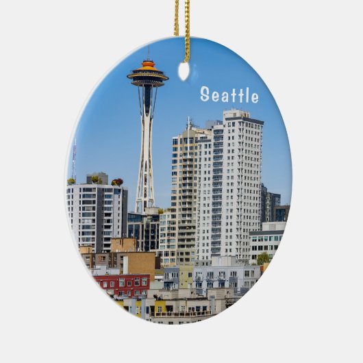 Seattle Skyline mit Rainier über dem Hafen, Keramik Ornament (Rechts)