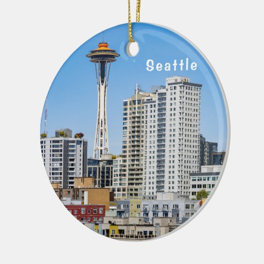 Seattle Skyline mit Rainier über dem Hafen, Keramik Ornament (Links)