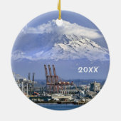 Seattle Skyline mit Rainier über dem Hafen, Keramik Ornament (Hinten)