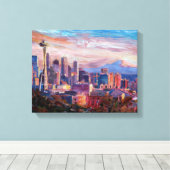 Seattle Skyline mit Weltraumnadeln und MT Rainier Leinwanddruck (Insitu (Holzboden))