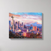 Seattle Skyline mit Weltraumnadeln und MT Rainier Leinwanddruck (Vorderseite)