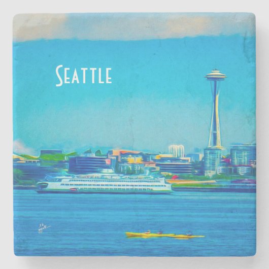 Seattle-Skyline-moderne Aquarell-Fotografie Steinuntersetzer (Vorderseite)