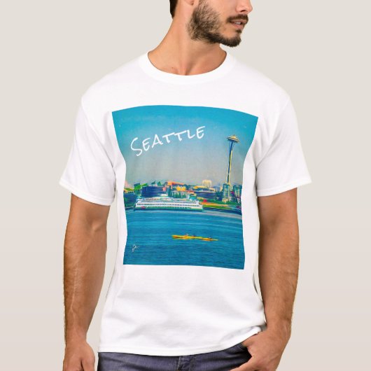 Seattle Skyline Moderne Wasserfarbe Einzigartig T-Shirt (Vorderseite)