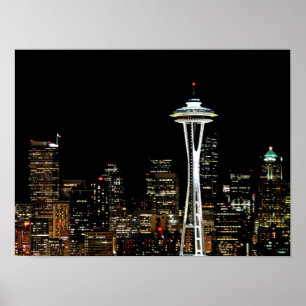 Seattle-Skyline nachts, mit Raum-Nadel Poster