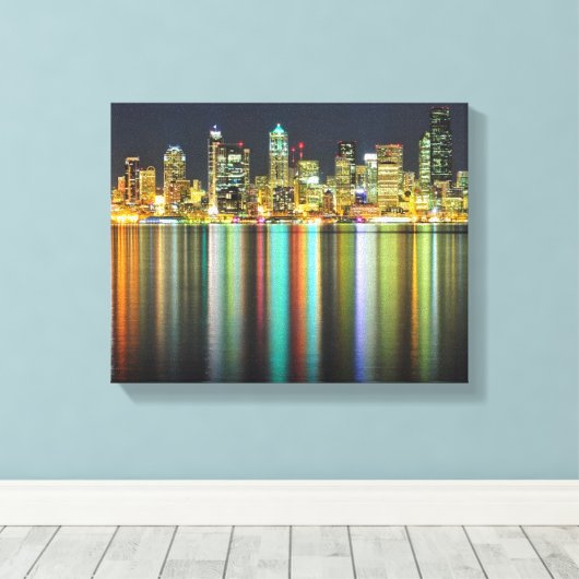 Seattle Skyline nachts mit Reflexion Leinwanddruck (Insitu (Holzboden))