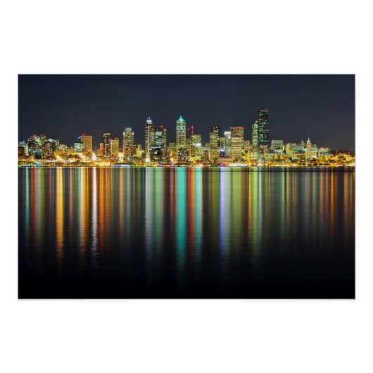 Seattle Skyline nachts mit Reflexion Poster (Vorderseite)