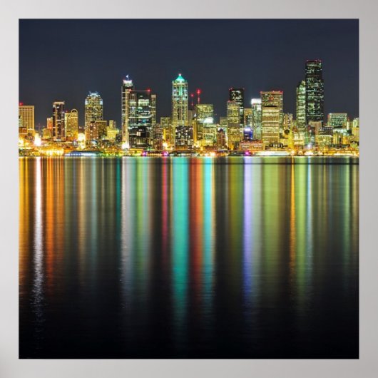 Seattle Skyline nachts mit Reflexion Poster (Vorne)