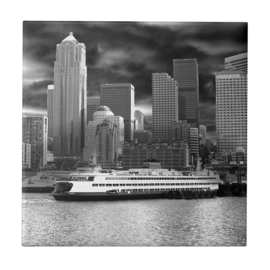 Seattle-Skyline Schwarzweiss Fliese (Vorderseite)