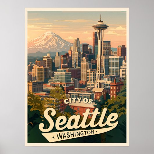 Seattle-Skyline – Space Needle & Mount Rainier Poster (Vorne)