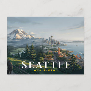 Seattle Skyline Space Needle Mount Rainier Reise Postkarte