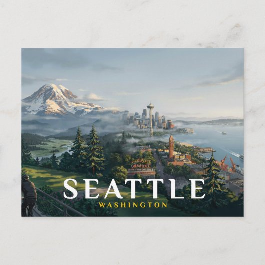 Seattle Skyline Space Needle Mount Rainier Reise Postkarte (Vorderseite)