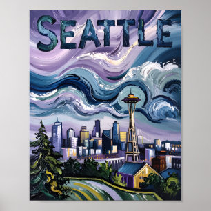 Seattle Skyline Van Gogh Stil Vintage Reise Kunst Poster