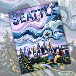 Seattle-Skyline Van-Gogh-Stil Vintage-Reise Kunst Postkarte