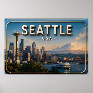 Seattle Space Needle und Mount Rainier Poster