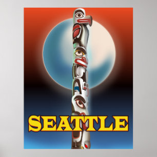 Seattle Totem pole travel poster print