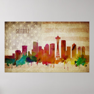 Seattle, WA   Aquarell-Stadt-Skyline Poster