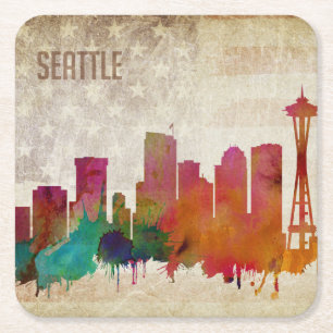 Seattle, WA  Aquarell-Stadt-Skyline Rechteckiger Pappuntersetzer