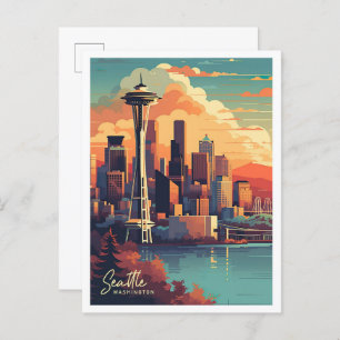 Seattle Washington Art Vintage Travel Illustration Postkarte