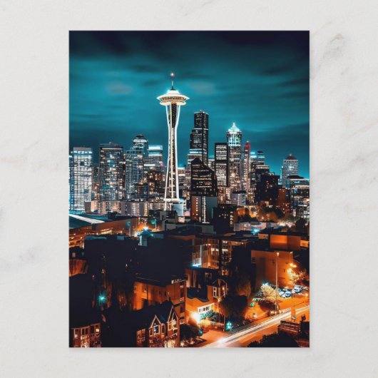Seattle Washington City Skyline bei Nacht Postkarte (Vorderseite)