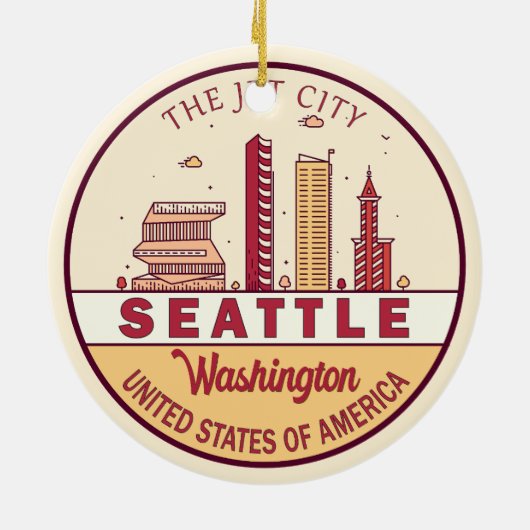 Seattle Washington City Skyline Emblem Keramik Ornament (Hinten)