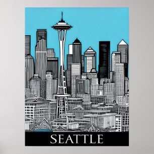 Seattle Washington Citycape in Schwarz und Weiß Poster